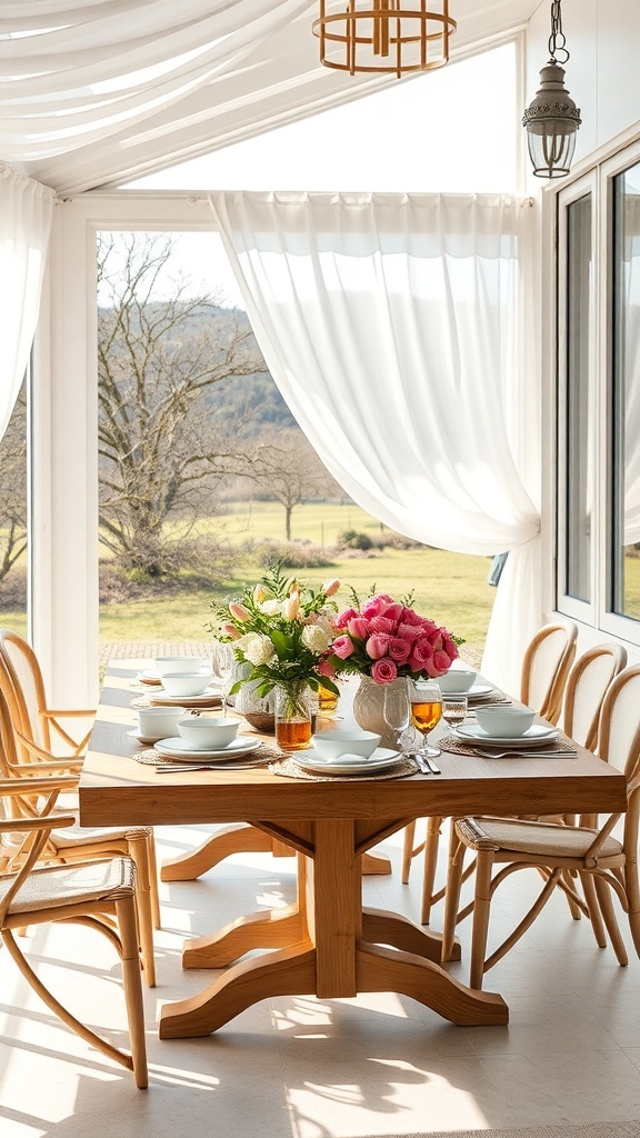 Ein schön gedeckter Tisch mit Blumen und Geschirr in einem hellen Raum