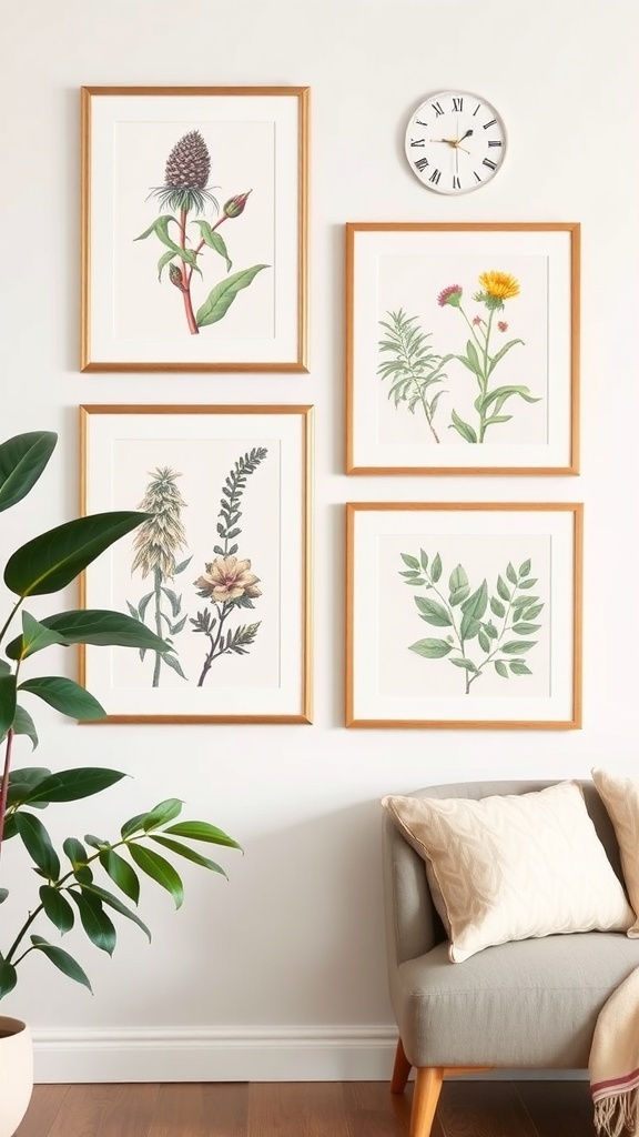 A wall with framed botanical prints and a clock, featuring various plants and flowers.