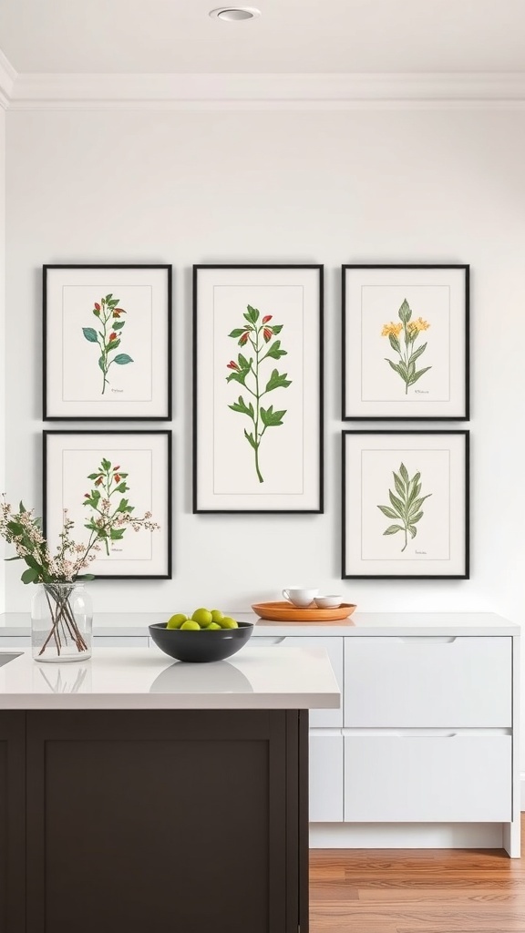 Five framed botanical prints on a wall above a kitchen counter with a bowl of limes.