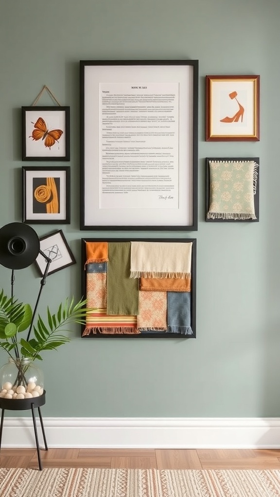 A gallery wall featuring framed fabric swatches and other art pieces.