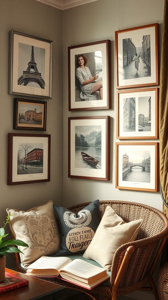 A cozy corner with framed vintage postcards and photographs on the wall, surrounded by comfortable seating and decorative pillows.