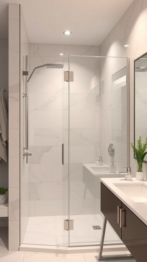 A modern bathroom featuring frameless shower doors