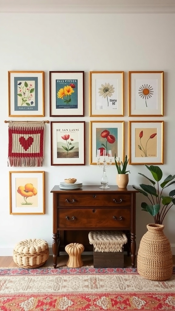 A gallery wall featuring a mix of framed floral prints and a woven fabric art piece, with a wooden console table below.