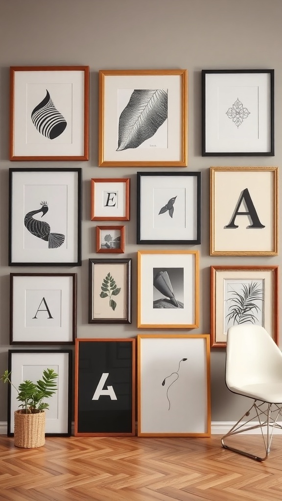 A gallery wall featuring various framed artworks in different styles and colors.