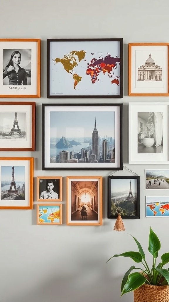 A gallery wall displaying travel memories with various framed photos and maps.