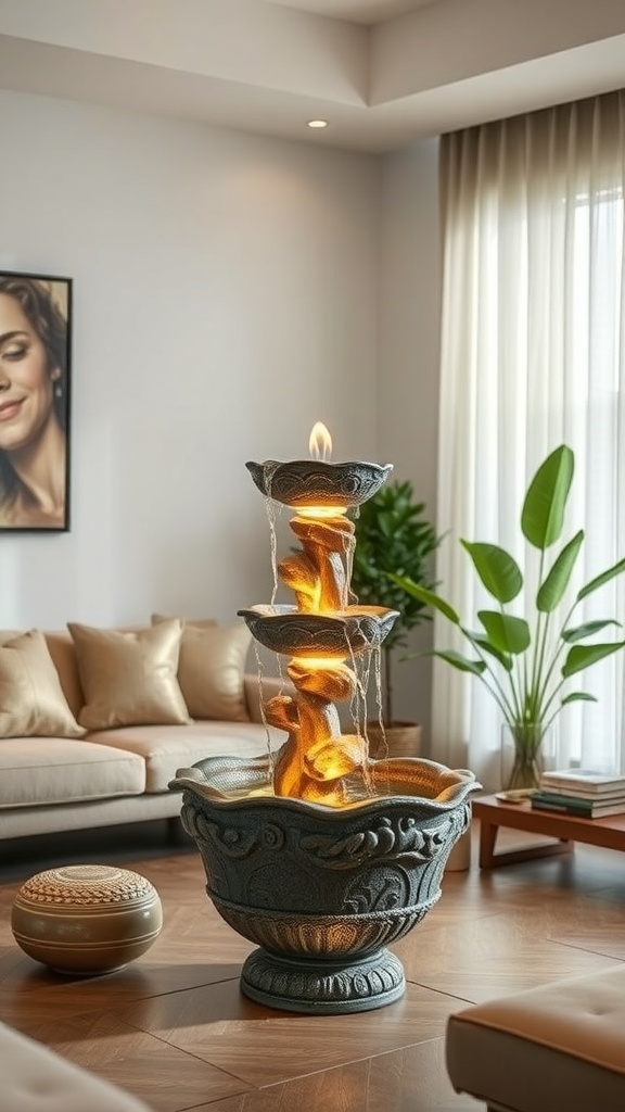 A freestanding floor fountain with multiple tiers, featuring flowing water and a warm glow from a flame, set in a cozy living room with plush sofas and a plant.