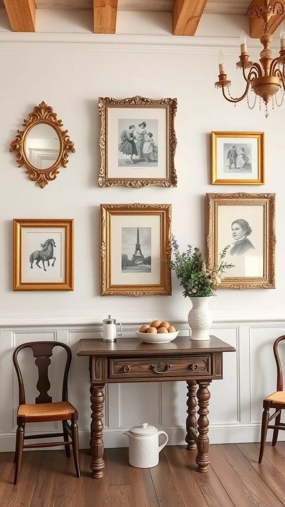 A cozy farmhouse interior featuring a gallery wall with vintage French-inspired artwork in ornate frames.