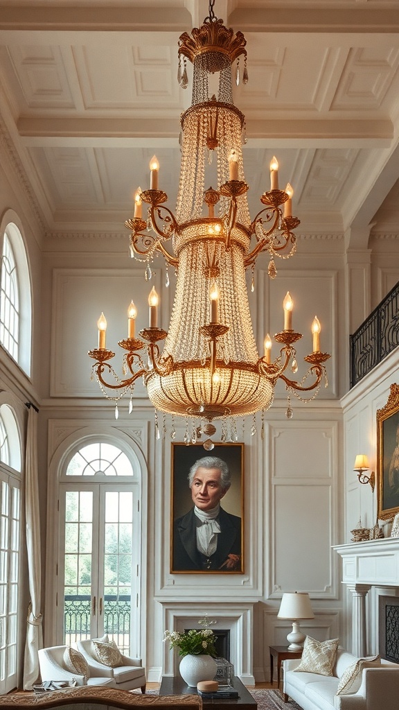 A grand French Rococo chandelier hanging in a stylish living room with elegant decor.