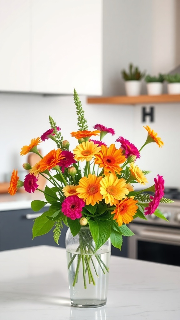 A vibrant bouquet of fresh flowers in a clear vase on a kitchen countertop.