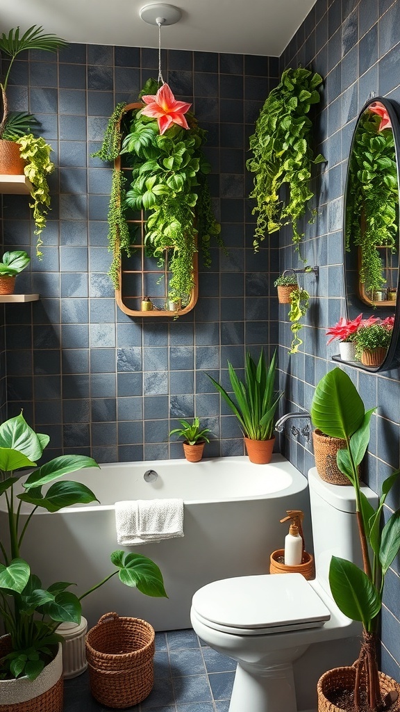 A modern bathroom with various plants, including hanging and potted greenery, enhancing the space's aesthetic.