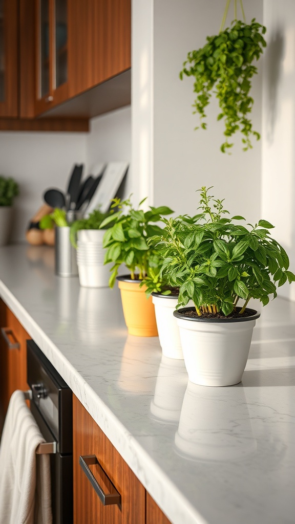 Fresh herb garden on a kitchen countertop with stylish pots and hanging plants.