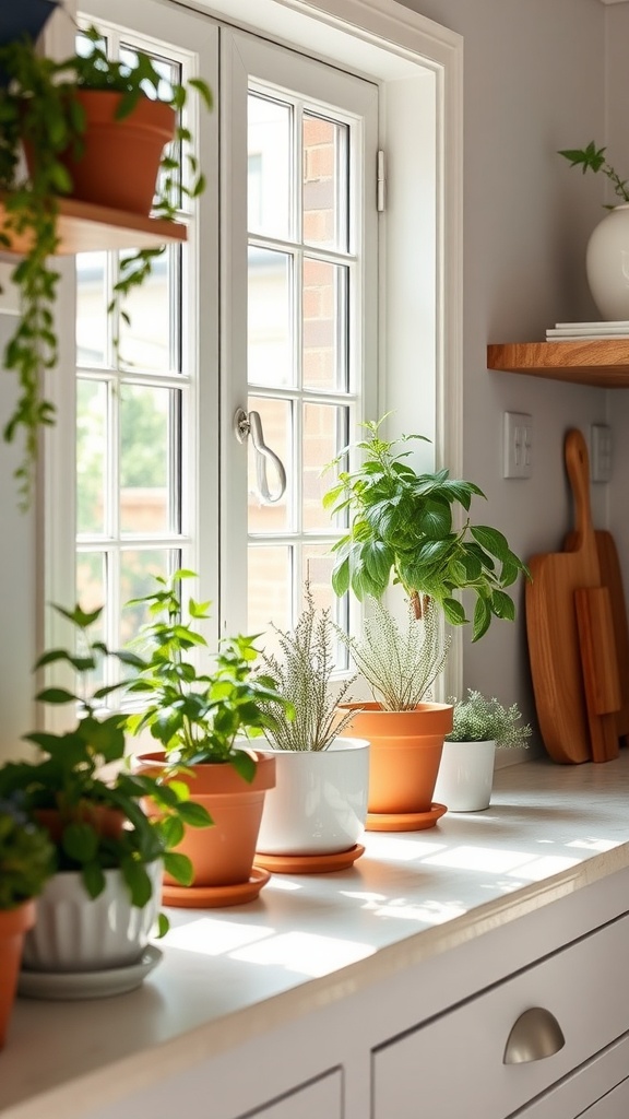 A bright kitchen windowsill with various potted herbs, including basil and parsley, basking in sunlight.