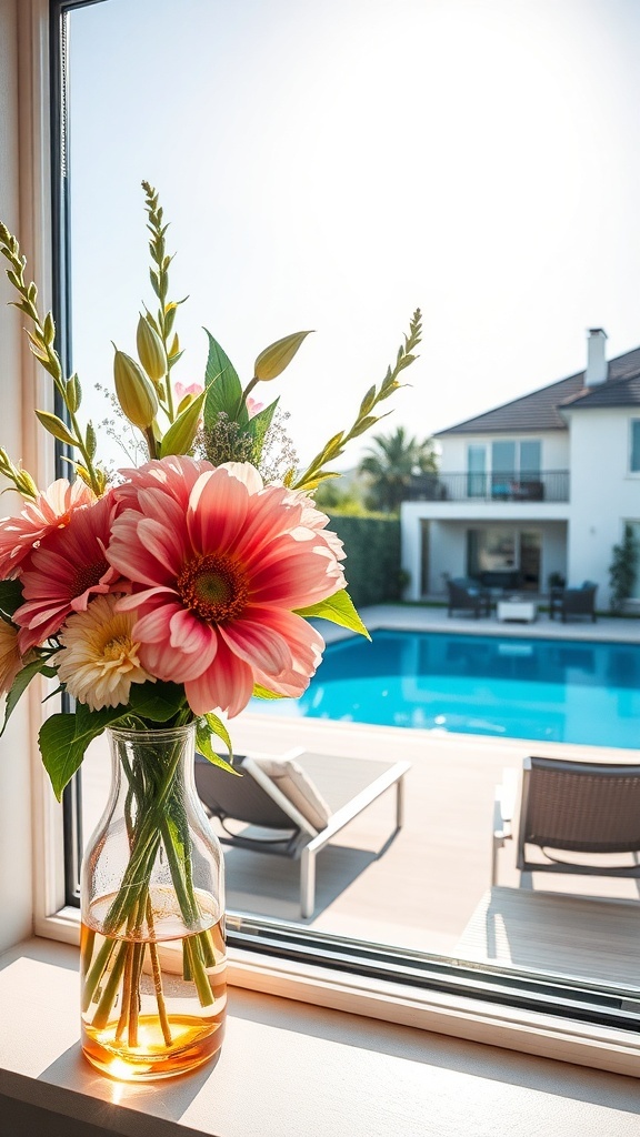 Blumenarrangement in einer Glasvase auf einer Fensterbank mit Blick auf einen Pool
