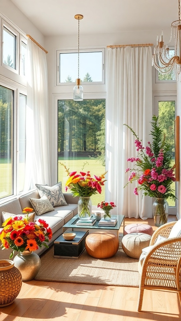 Helle Wohnlandschaft mit bunten Blumenarrangements auf dem Tisch und der Couch.