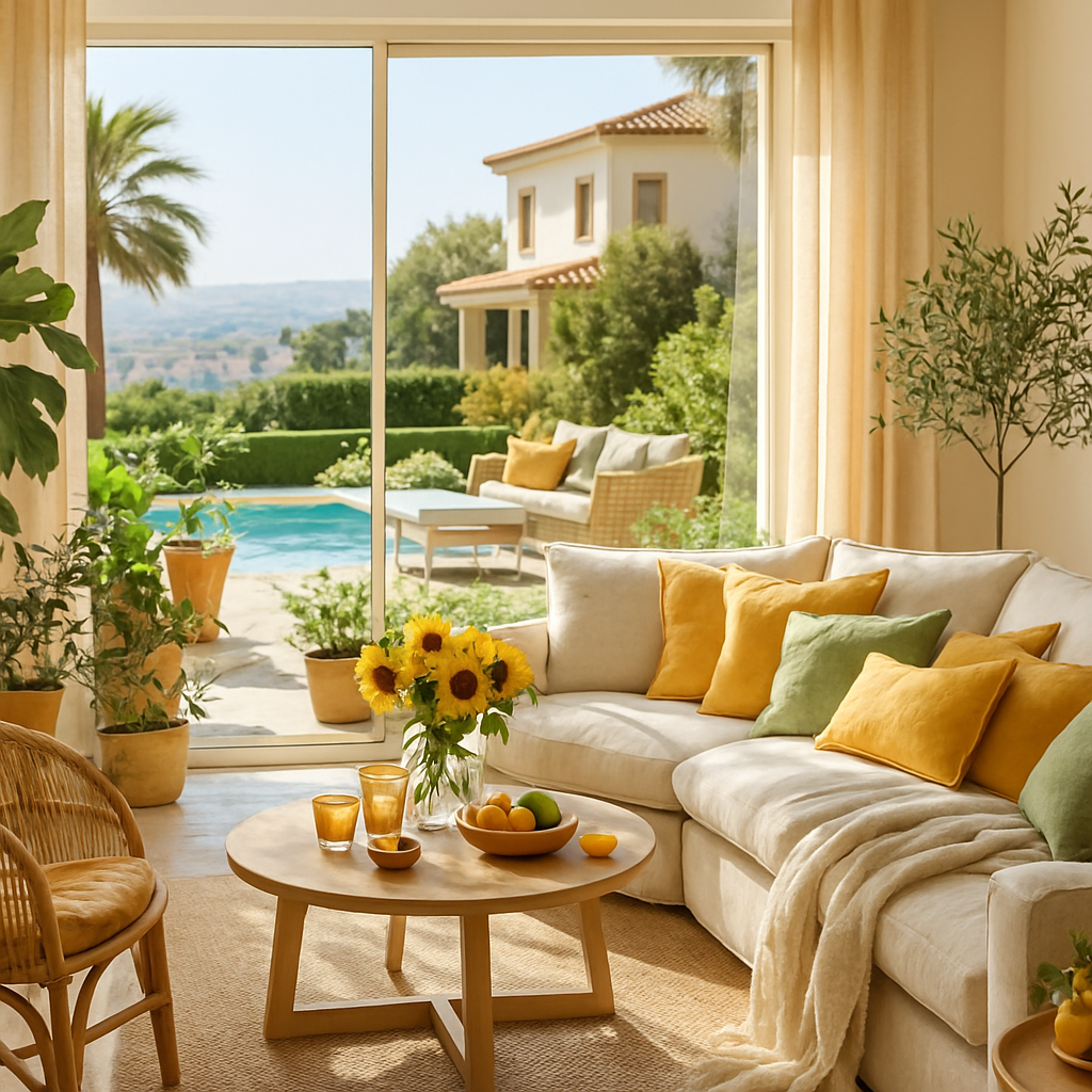 Ein helles Wohnzimmer mit Pflanzen, einer gemütlichen Couch und einem Blick auf den Pool.