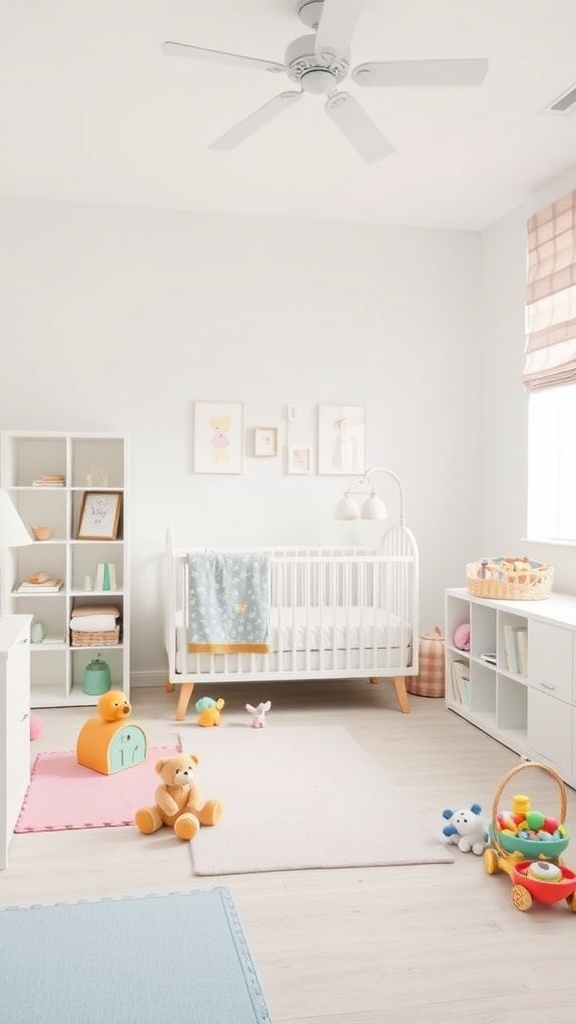 Bright and airy nursery with a crib, colorful toys, and soft rugs.