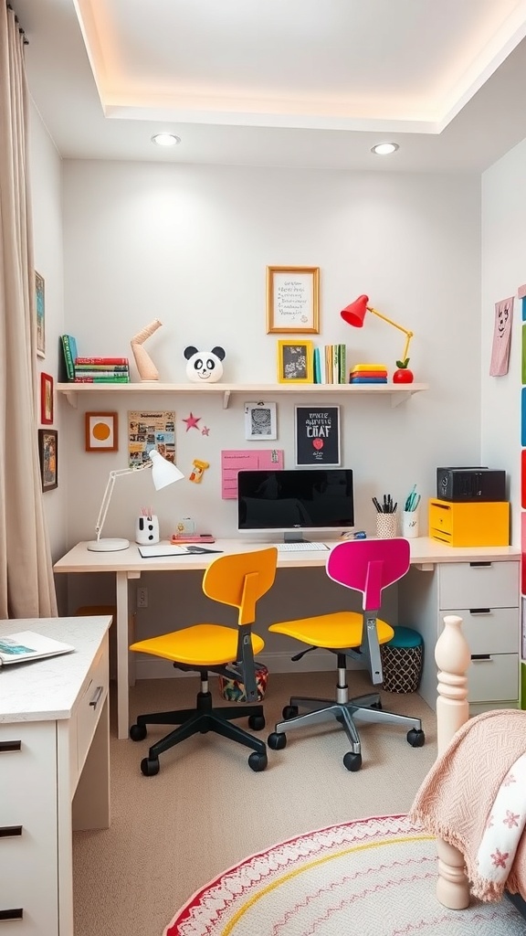 A colorful study area for kids featuring two chairs, a desk, and shelves with books and decor.
