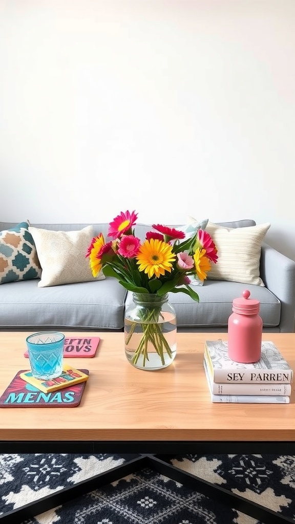 A colorful coffee table arrangement featuring flowers, a pink jar, and vibrant coasters.