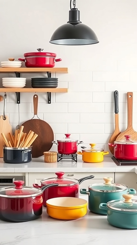 A colorful display of cookware including red, yellow, and teal pots on a kitchen countertop.
