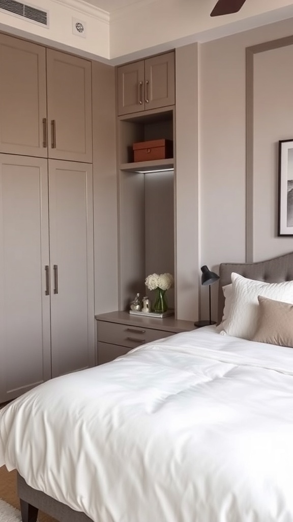 A modern bedroom with stylish storage solutions, featuring built-in cabinets and an open shelf.