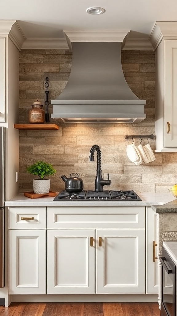 A rustic kitchen featuring a stylish backsplash, wooden cabinets, and warm lighting.