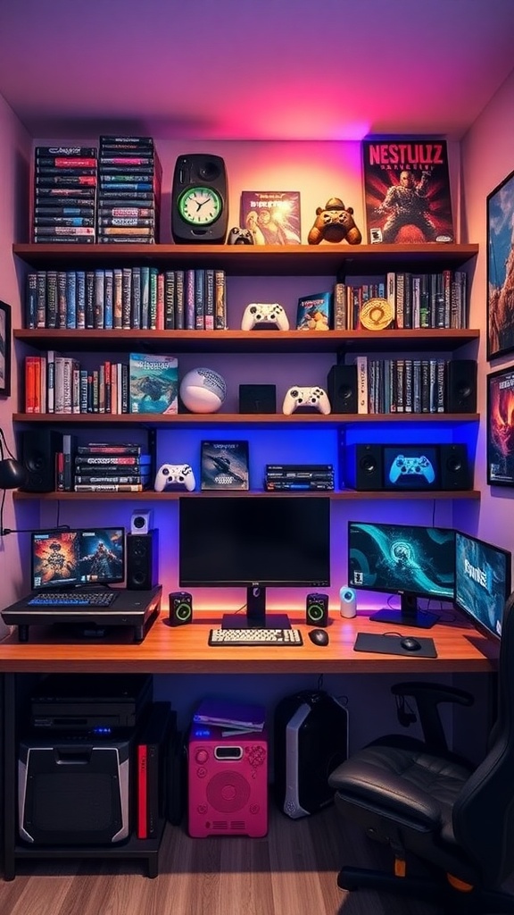 A stylish gaming setup featuring organized shelves with games, consoles, and decorative items.