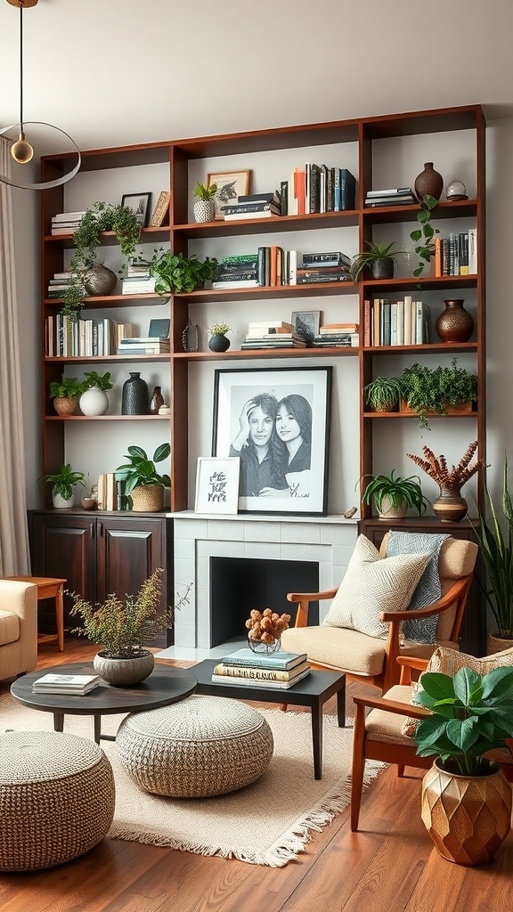A stylish boho living room featuring functional shelving filled with books, plants, and decorative items.