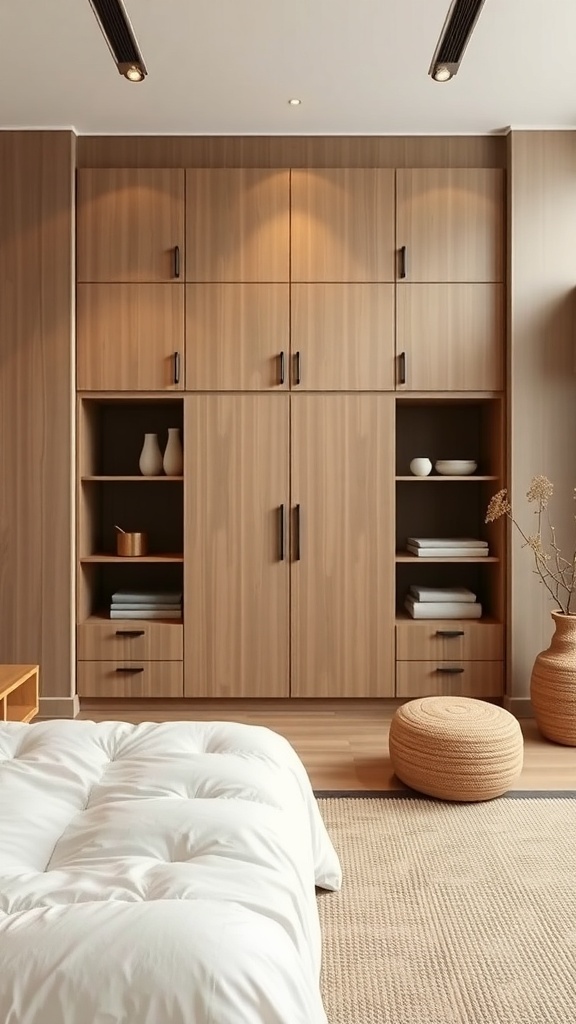 Wooden cabinet with closed and open shelving in a Japandi bedroom