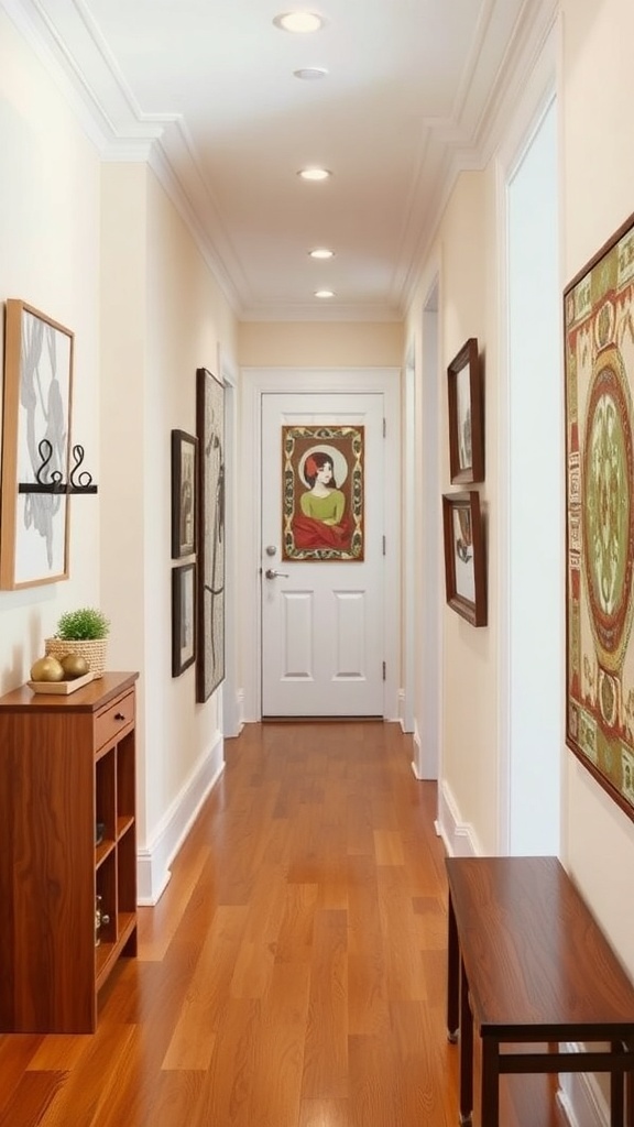 A hallway featuring framed art on the walls, wooden flooring, and a decorative console table.