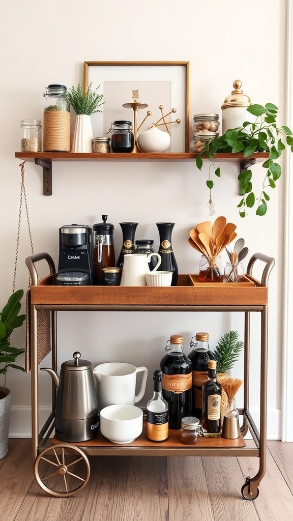 A stylish bar cart featuring coffee supplies, jars, and decorative items.