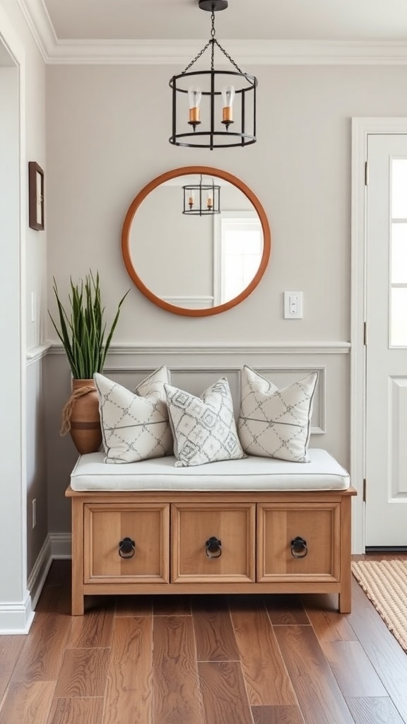 A stylish wooden bench with storage and decorative pillows in an entryway, complemented by a mirror and light fixture.