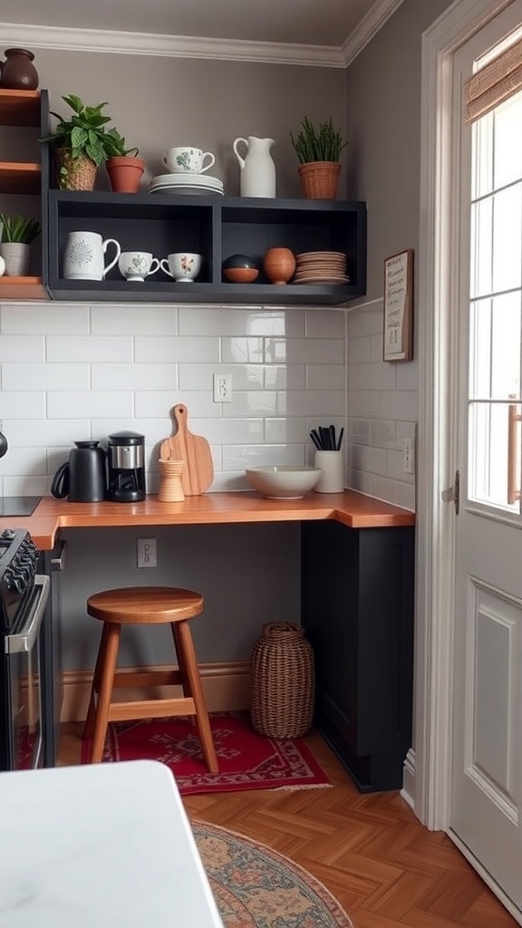 A cozy coffee nook in a small kitchen featuring a wooden stool, coffee maker, and decorative shelves.