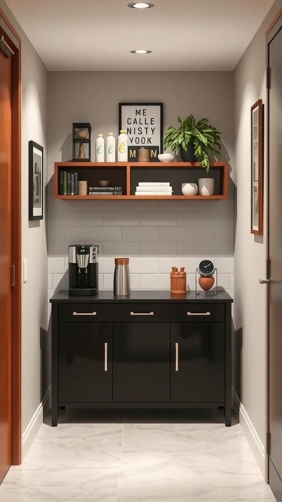 A stylish coffee station set up in a hallway, featuring a black cabinet with a coffee maker, thermos, and decorative items on open shelves.