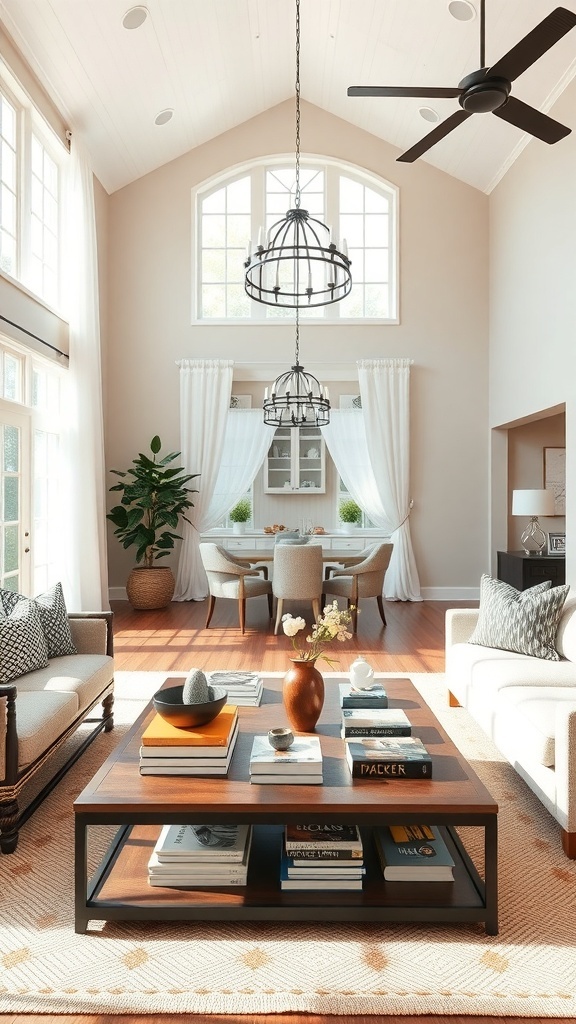 A cozy living room featuring a stylish coffee table with books and decorative items.