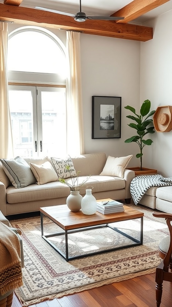 Cozy living room with a rustic coffee table and comfortable seating.
