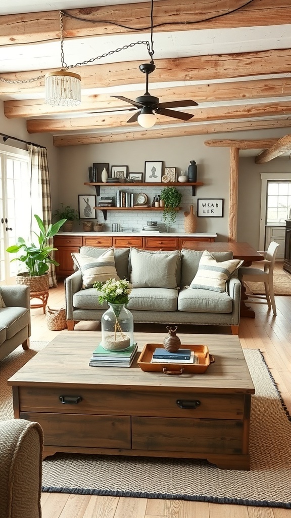A rustic farmhouse living room featuring a wooden coffee table with drawers, surrounded by cozy seating.