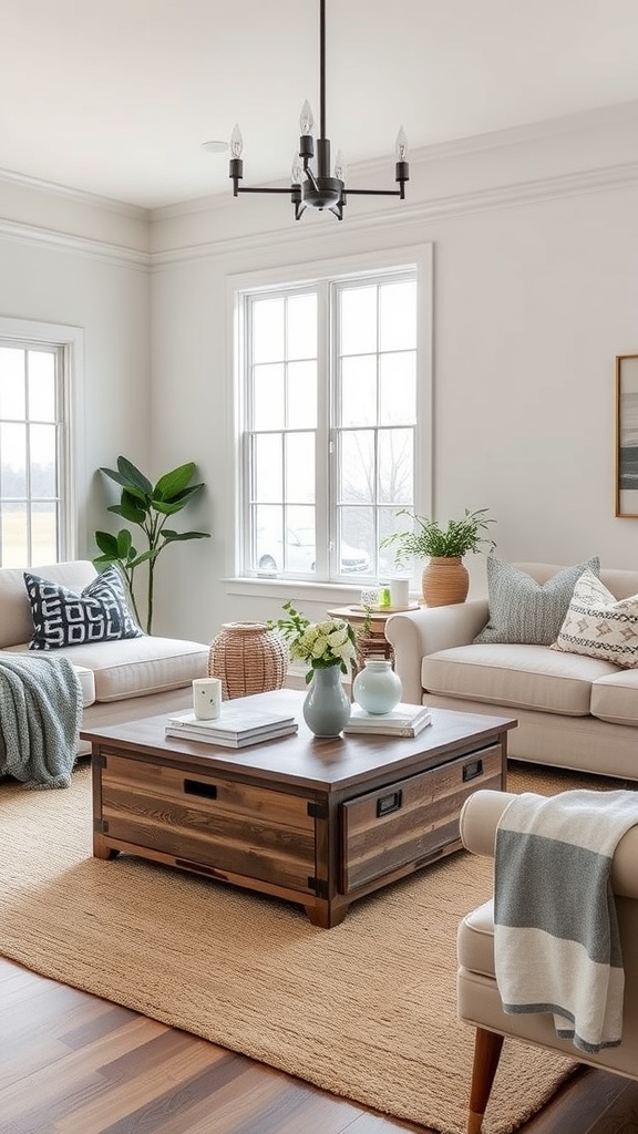 A cozy living room featuring a wooden coffee table with storage, light-colored sofas, and plants.