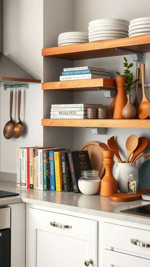 A cozy kitchen with open shelves displaying cookbooks and wooden utensils.