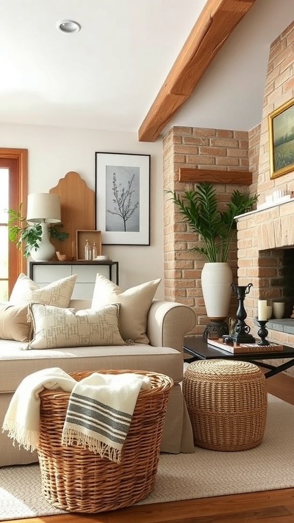 A cozy rustic living room featuring a beige sofa, woven baskets, and natural decor elements.