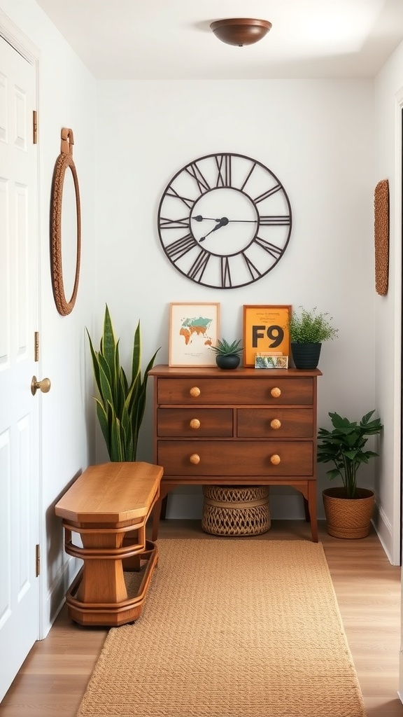 A stylish entryway featuring a wooden dresser, a wall clock, plants, and a cozy bench.