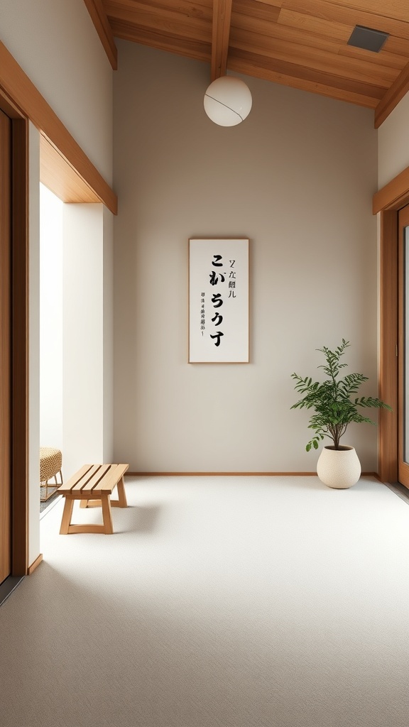 A minimalist entryway featuring wooden elements, a plant, and a simple bench.