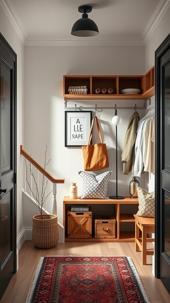 A cozy Scandinavian entryway with wooden storage, a rug, and warm lighting.