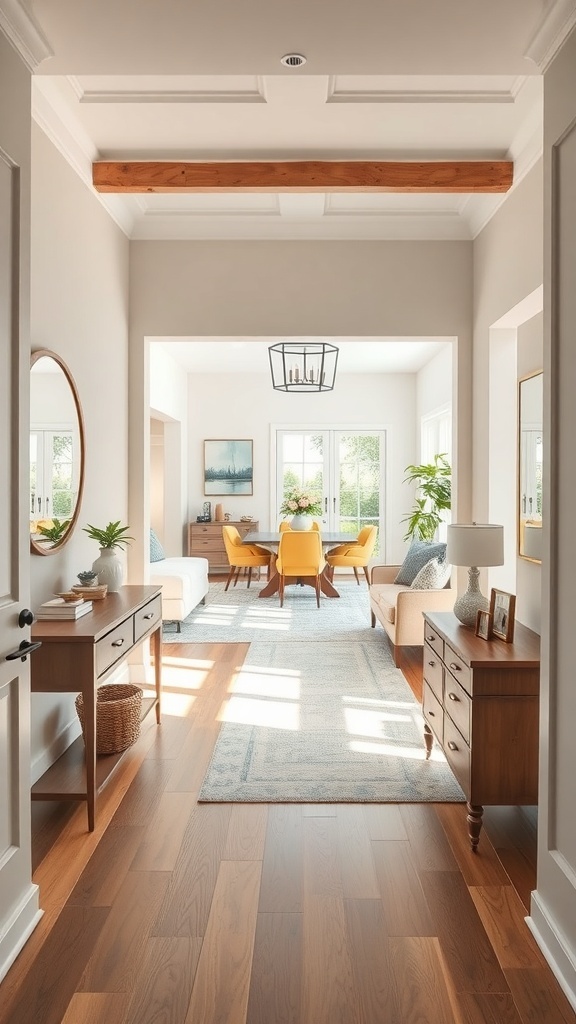 A bright and inviting entryway leading into an open concept living and dining area with warm wood flooring and stylish furniture.