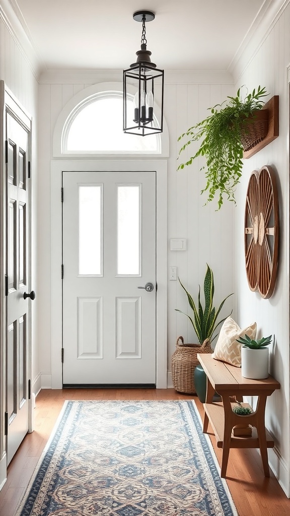 A cozy and functional entryway featuring a light color scheme, a stylish rug, a wooden bench, wall-mounted planter, and decorative wall art.