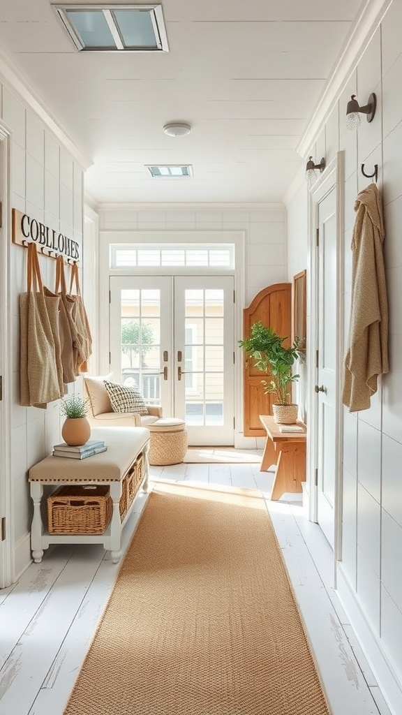 A cozy farmhouse entryway with light walls, a bench, hooks for coats, and potted plants.