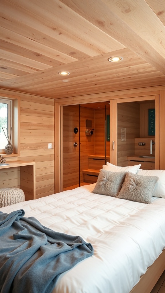 A cozy bedroom with a wooden sauna, large windows, and soft bedding.