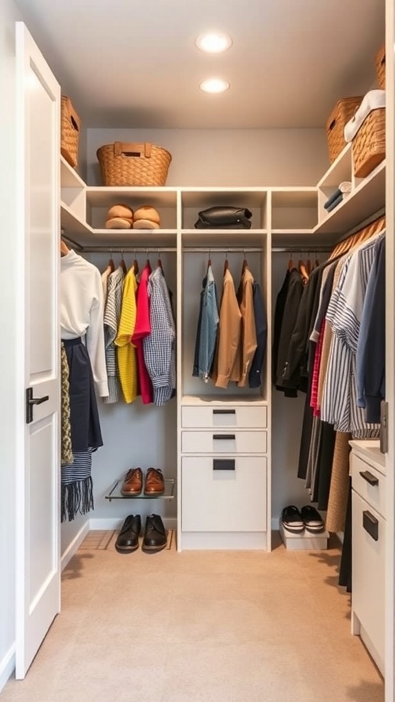 A well-organized family walk-in closet with shelves, hanging clothes, and shoes.