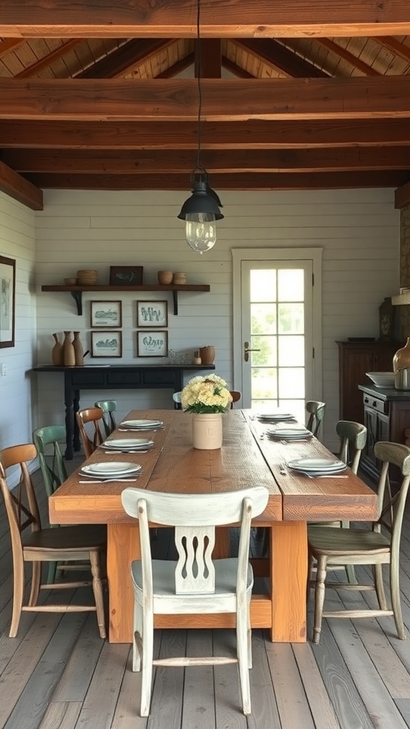 A spacious farmhouse dining area featuring a large wooden table surrounded by colorful chairs, with a pendant light above and a vase of flowers as a centerpiece.