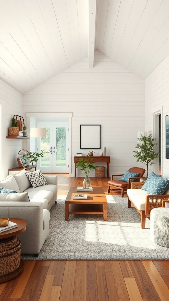 Cozy farmhouse living room with neutral furniture and wooden accents