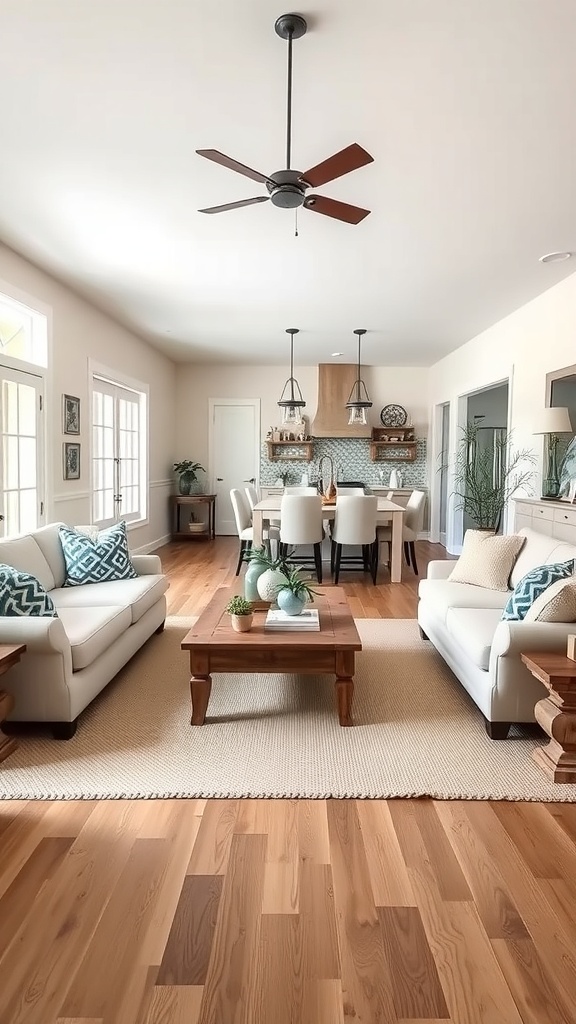 Cozy rustic farmhouse living area with light sofas, wooden coffee table, and dining space